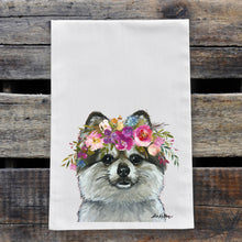 Load image into Gallery viewer, Pomeranian Tea Towel, Bright Blooms Flower Crown, Spring Decor