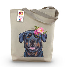 Load image into Gallery viewer, Rottweiler Tote Bag, Bright Blooms Flower Crown, Spring Tote Bag