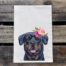 Load image into Gallery viewer, Rottweiler Tea Towel, Bright Blooms Flower Crown, Spring Decor