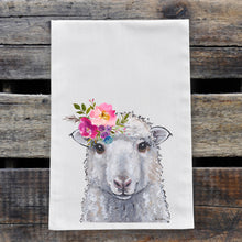 Load image into Gallery viewer, Sheep Tea Towel &#39;Stella&#39;, Bright Blooms Flower Crown, Spring Decor
