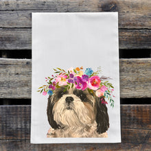 Load image into Gallery viewer, Shihtzu Tea Towel, Bright Blooms Flower Crown, Spring Decor