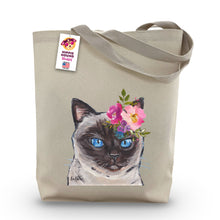Load image into Gallery viewer, Siamese Cat Tote Bag, Bright Blooms Flower Crown , Spring Tote Bag

