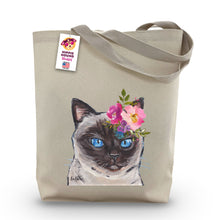 Load image into Gallery viewer, Siamese Cat Tote Bag, Bright Blooms Flower Crown , Spring Tote Bag