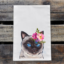 Load image into Gallery viewer, Siamese Cat Tea Towel, Bright Blooms Flower Crown, Spring Decor