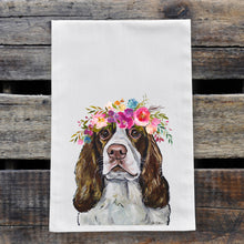 Load image into Gallery viewer, Springer Spaniel Tea Towel, Bright Blooms Flower Crown, Spring Decor