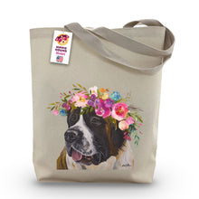 Load image into Gallery viewer, Saint Bernard Tote Bag, Bright Blooms Flower Crown, Spring Tote Bag