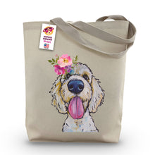 Load image into Gallery viewer, White Doodle Tote Bag, Bright Blooms Flower Crown, Spring Tote Bag
