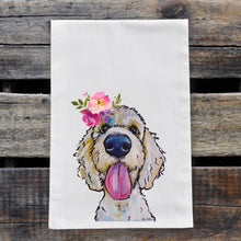 Load image into Gallery viewer, Golden Doodle Tea Towel, Bright Blooms Flower Crown, Spring Decor