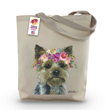 Load image into Gallery viewer, Yorkie Tote Bag, Bright Blooms Flower Crown, Spring Tote Bag