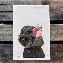 Load image into Gallery viewer, Yorkie Poo Tea Towel, Bright Blooms Flower Crown, Spring Decor