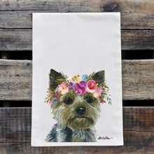 Load image into Gallery viewer, Yorkie Tea Towel, Bright Blooms Flower Crown, Spring Decor