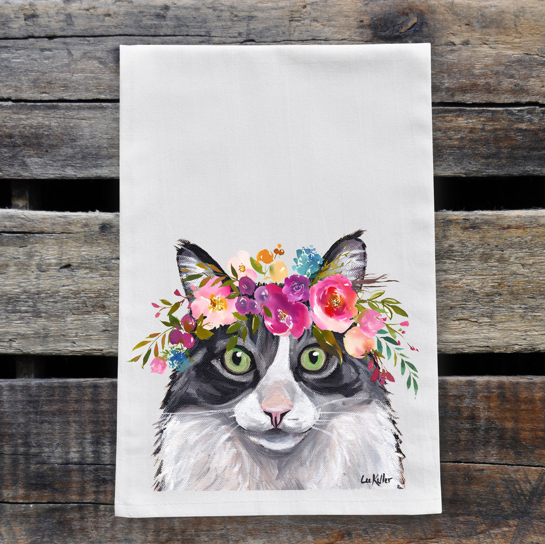 Fluffy Grey Cat Tea Towel, Bright Blooms Flower Crown, Spring Decor