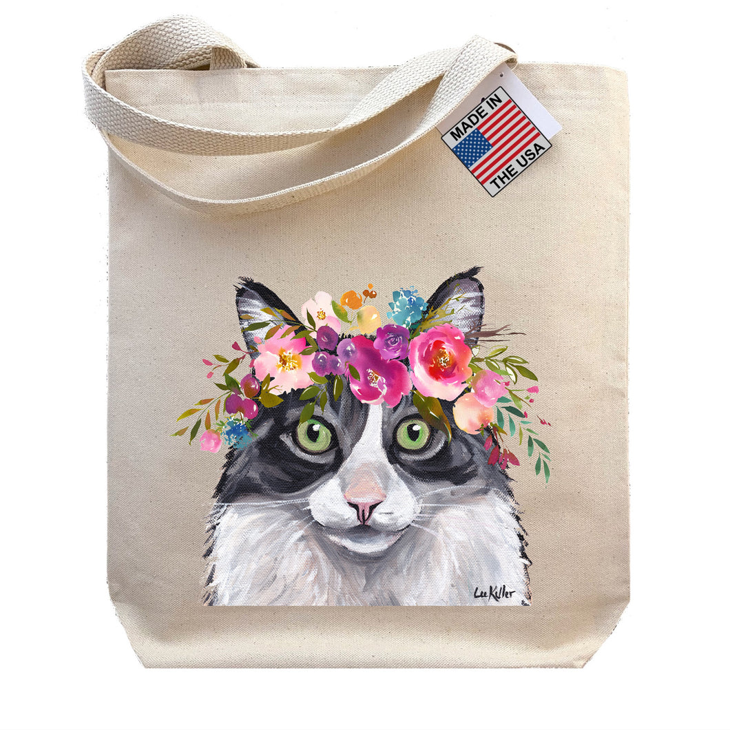 Fluffy Grey Cat Tote Bag, Bright Blooms Flower Crown , Spring Tote Bag