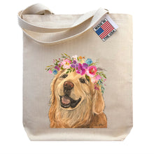 Load image into Gallery viewer, Golden Retriever Tote Bag, Bright Blooms Flower Crown , Spring Tote Bag