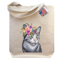 Load image into Gallery viewer, Grey Tabby Cat Tote Bag, Bright Blooms Flower Crown , Spring Tote Bag