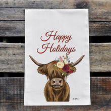 Load image into Gallery viewer, Highland Cow Christmas Towel, 'Penny', Happy Holidays Holiday Towel