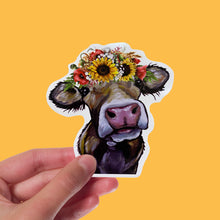 Load image into Gallery viewer, Colorful Sunflower Cow Sticker, 4" Sticker, Cute Cow Sticker