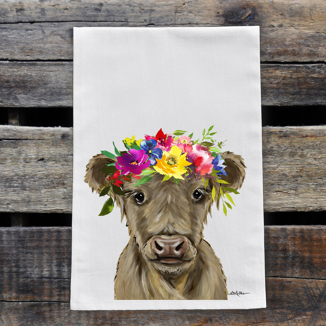 Highland Calf Towel 'Copper' Summer Flowers, Farmhouse Kitchen Decor