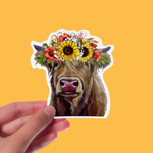 Load image into Gallery viewer, Colorful Sunflower Highland Cow Sticker, 4" Sticker, Cute Highland Cow Sticker