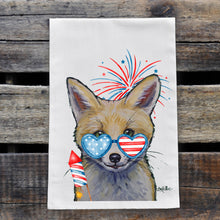 Load image into Gallery viewer, July 4th Fox Tea Towel, Cute Towel, Festive Kitchen Decor
