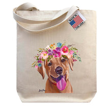 Load image into Gallery viewer, Lab Puppy Tote Bag, Bright Blooms Flower Crown , Spring Tote Bag

