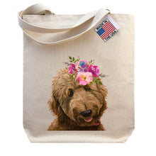 Load image into Gallery viewer, Golden Doodle Tote Bag, Bright Blooms Flower Crown , Spring Tote Bag