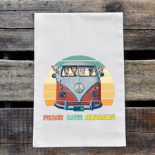 Load image into Gallery viewer, Alpaca Tea Towel, 'Peace Love Alpacas', Flour Sack Farmhouse Kitchen Decor