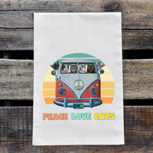 Load image into Gallery viewer, Cat Tea Towel, 'Peace Love Cats', Flour Sack Farmhouse Kitchen Decor