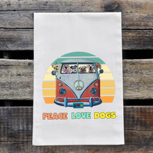 Load image into Gallery viewer, Dog Tea Towel, 'Peace Love Dogs', Flour Sack Farmhouse Kitchen Decor