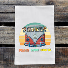 Load image into Gallery viewer, Goat Tea Towel, 'Peace Love Goats', Flour Sack Farmhouse Kitchen Decor