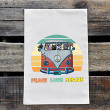 Load image into Gallery viewer, Dog/Cat Tea Towel, 'Peace Love Rescue', Flour Sack Farmhouse Kitchen Decor