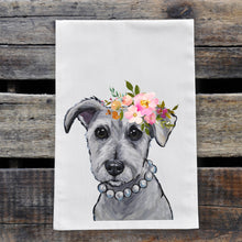 Load image into Gallery viewer, Schnauzer Tea Towel, Bright Blooms Flower Crown, Spring Decor
