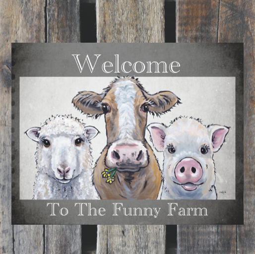 Metal Sign, Farm Animal Tin Welcome Sign, 'Funny Farm' Trio Pig, Cow, Sheep, Farmhouse Decor