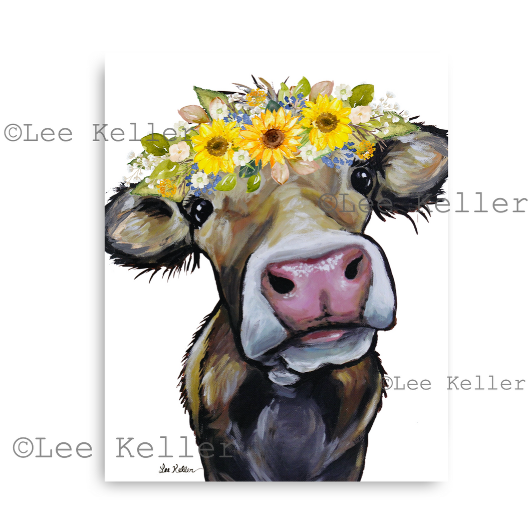 Cow Art, 'Hazel with Sunflowers' Cow Print