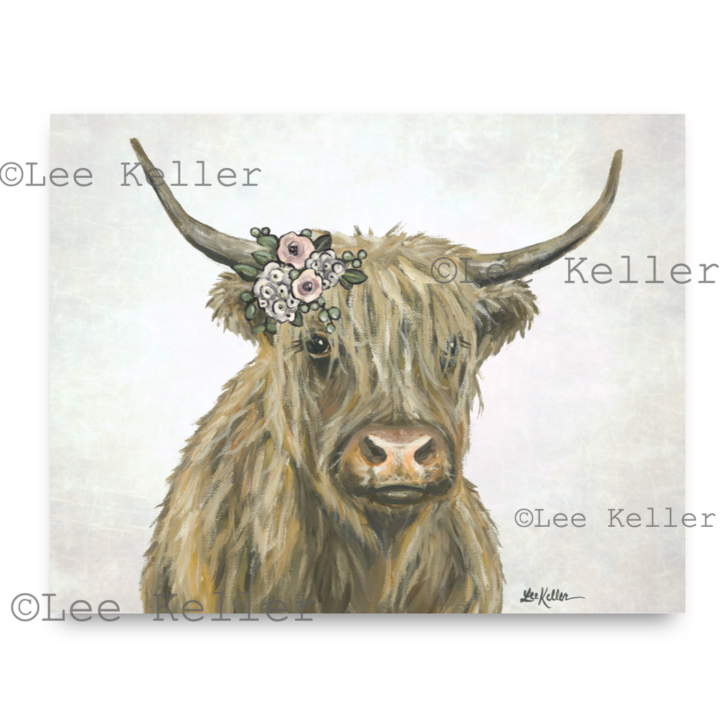 Highland Cow Art, 'Fern' Pastel Boho Flower Highland Cow Print