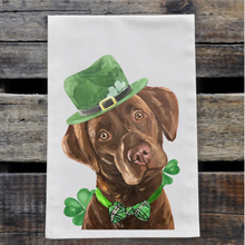 Load image into Gallery viewer, Dog St Patrick&#39;s Day Towel &#39;Chocolate Lab&#39;, St Patrick Decor
