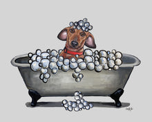 Load image into Gallery viewer, Bathroom Dog Art Print, Dachshund in Tub Fine Art Print