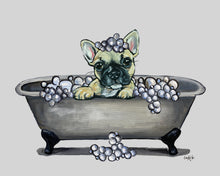 Load image into Gallery viewer, Bathroom Dog Art Print, French Bulldog in Tub Fine Art Print
