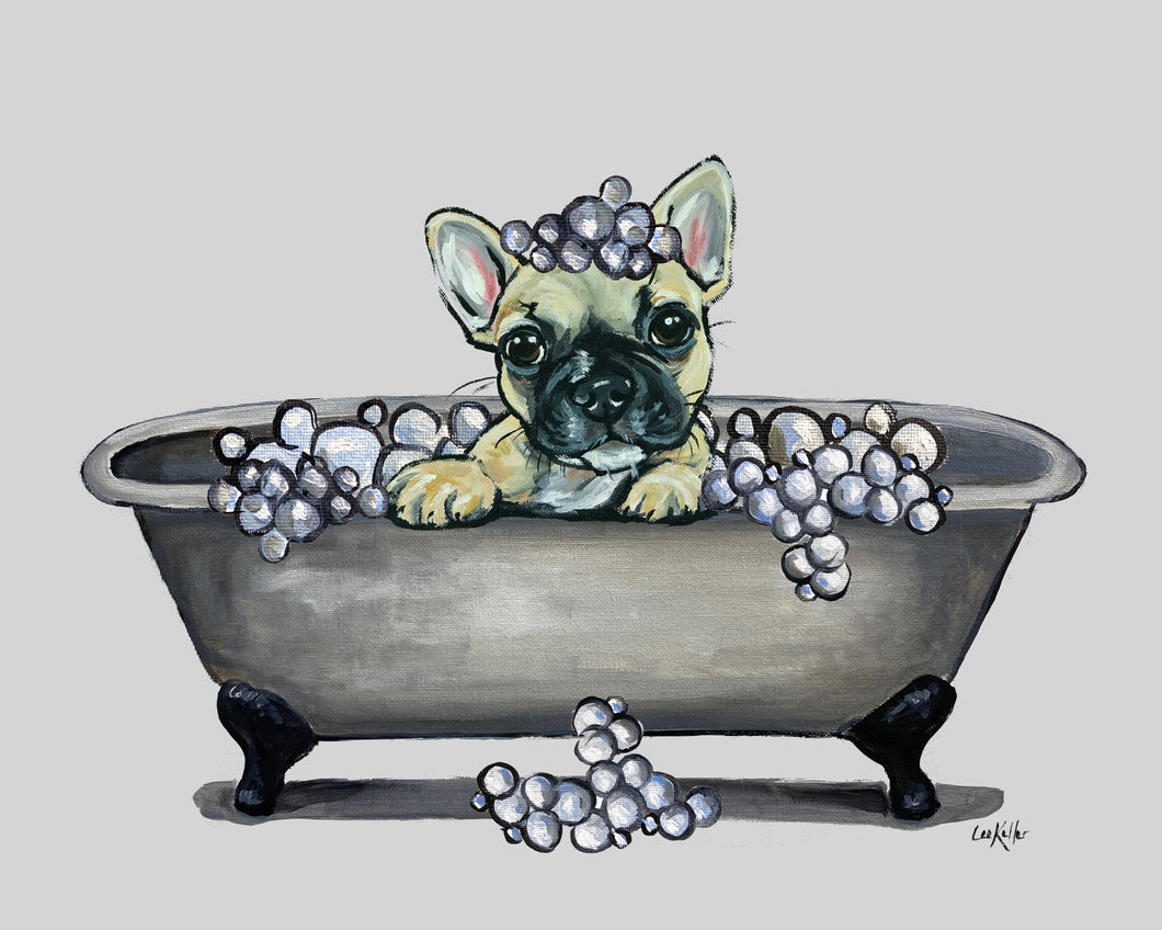 Bathroom Dog Art Print, French Bulldog in Tub Fine Art Print
