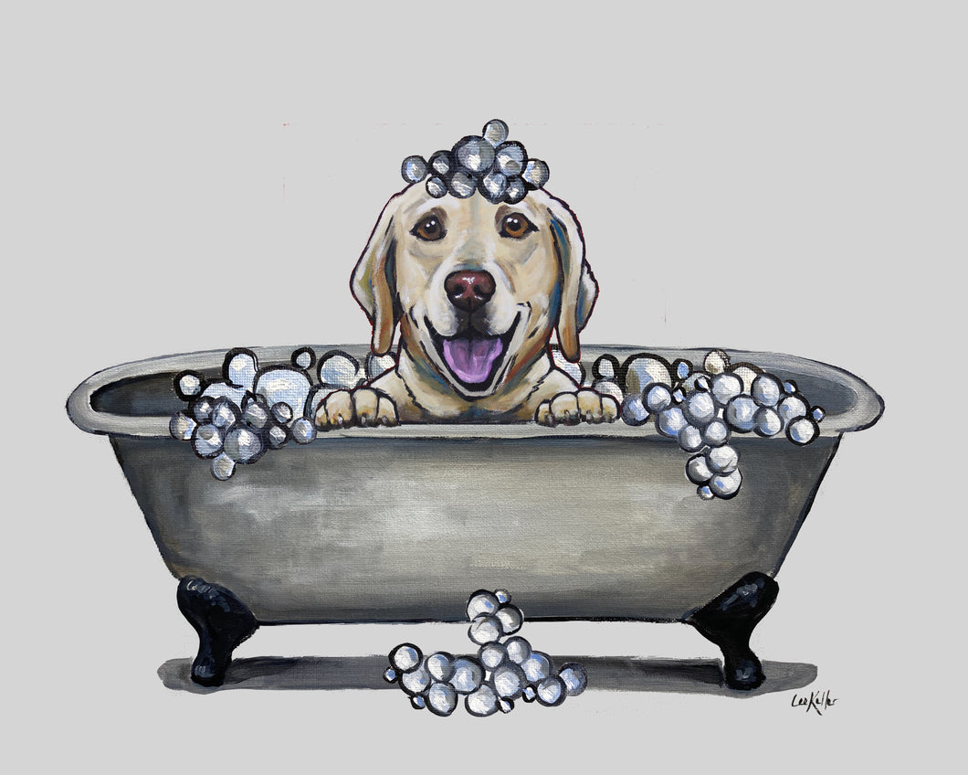 Bathroom Dog Art Print, Yellow Lab in Tub Fine Art Print