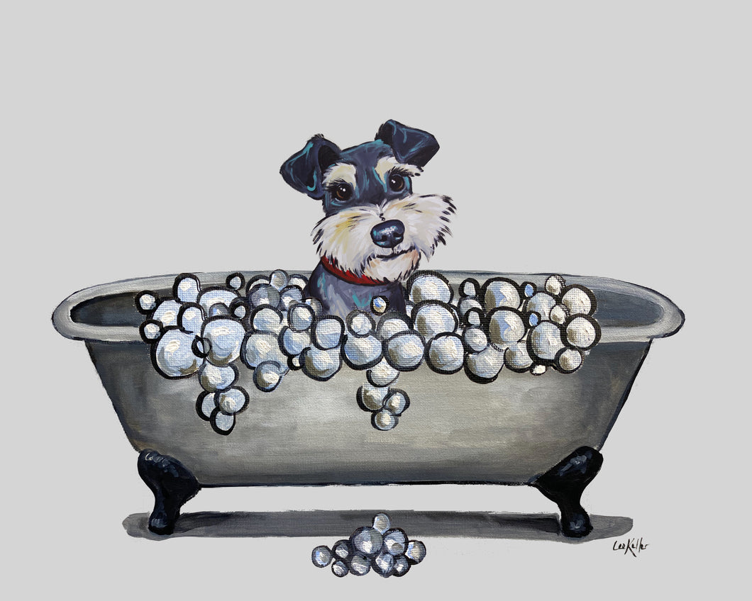 Bathroom Dog Art Print, Schnauzer in Tub Fine Art Print