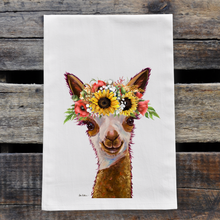 Load image into Gallery viewer, Alpaca Tea Towel 'Rosie', Colorful Sunflower Fall/Thanksgiving Decor