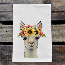 Load image into Gallery viewer, Alpaca Tea Towel 'Sophie', Colorful Sunflower Fall/Thanksgiving Decor