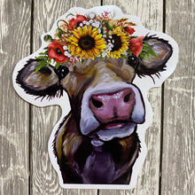 Load image into Gallery viewer, Colorful Sunflower Cow Sticker, 4" Sticker, Cute Cow Sticker