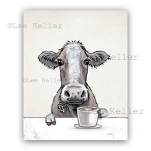Load image into Gallery viewer, Cow Kitchen Art, Cow with Coffee, Cow Art Print