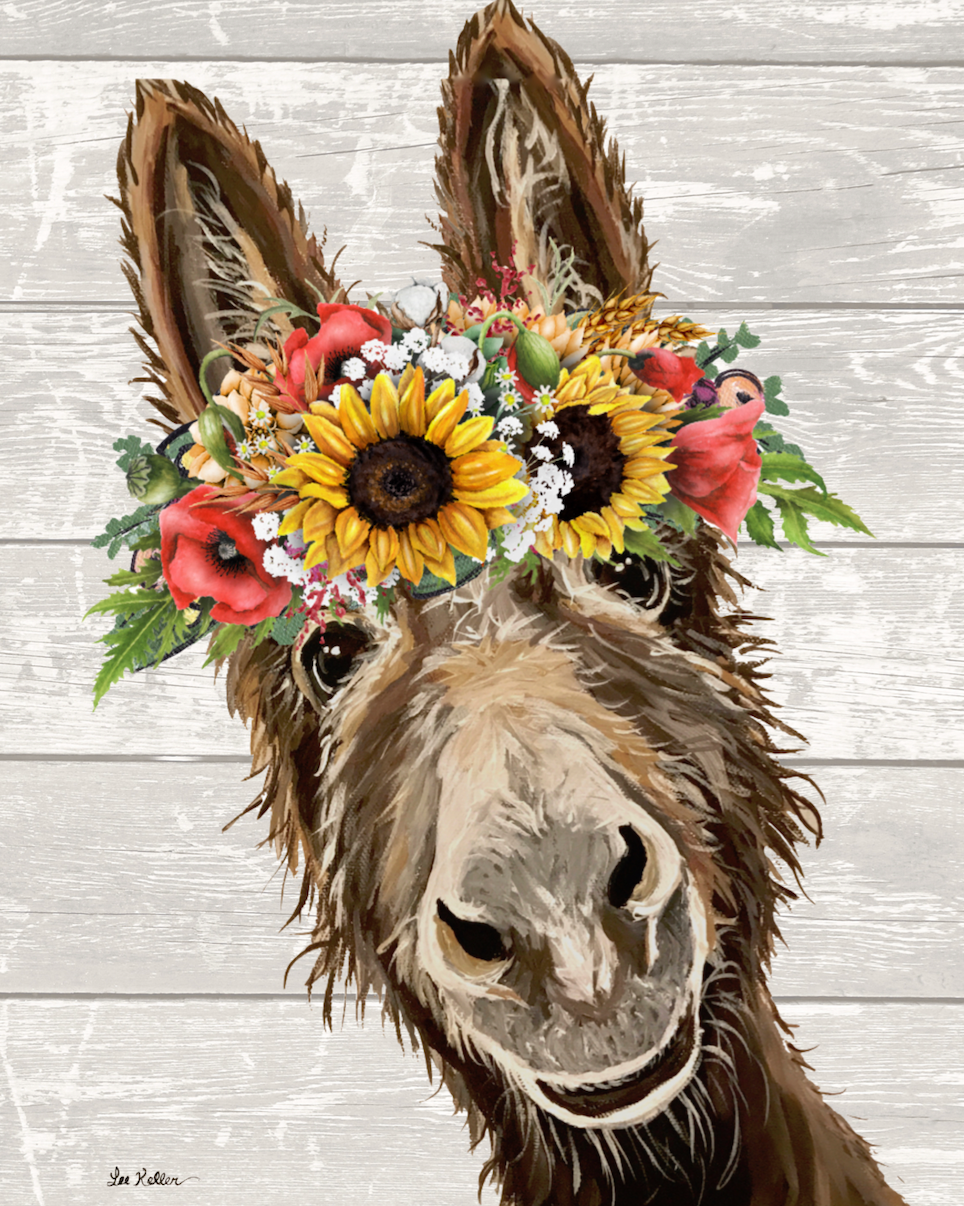Donkey Art, 'Raymond' Colorful Sunflower Donkey Print