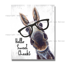 Load image into Gallery viewer, Bathroom Donkey Art Print, Funny Donkey 'Hello Sweet Cheeks' Bathroom Art Print