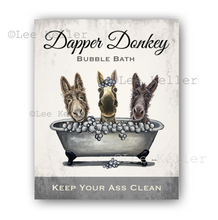 Load image into Gallery viewer, Donkey Bathroom Art, 'Dapper Donkey' Donkey in Tub Print