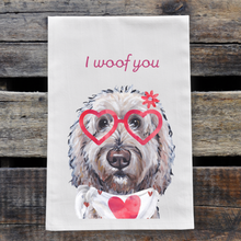 Load image into Gallery viewer, Goldendoodle Valentine&#39;s Day Towel, &#39;I Woof You&#39;
