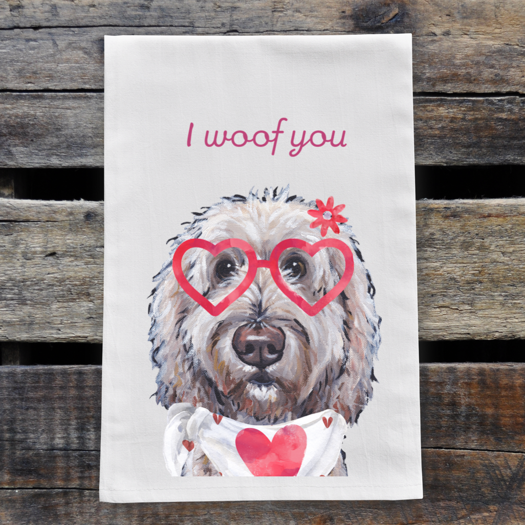 Goldendoodle Valentine's Day Towel, 'I Woof You'